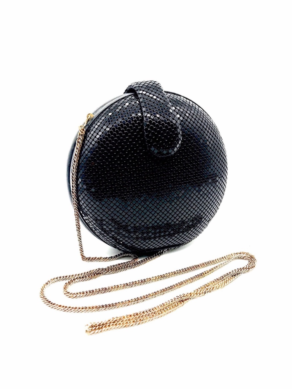 Whiting & Davis Black Round Minaudière‎ with Gold Chain